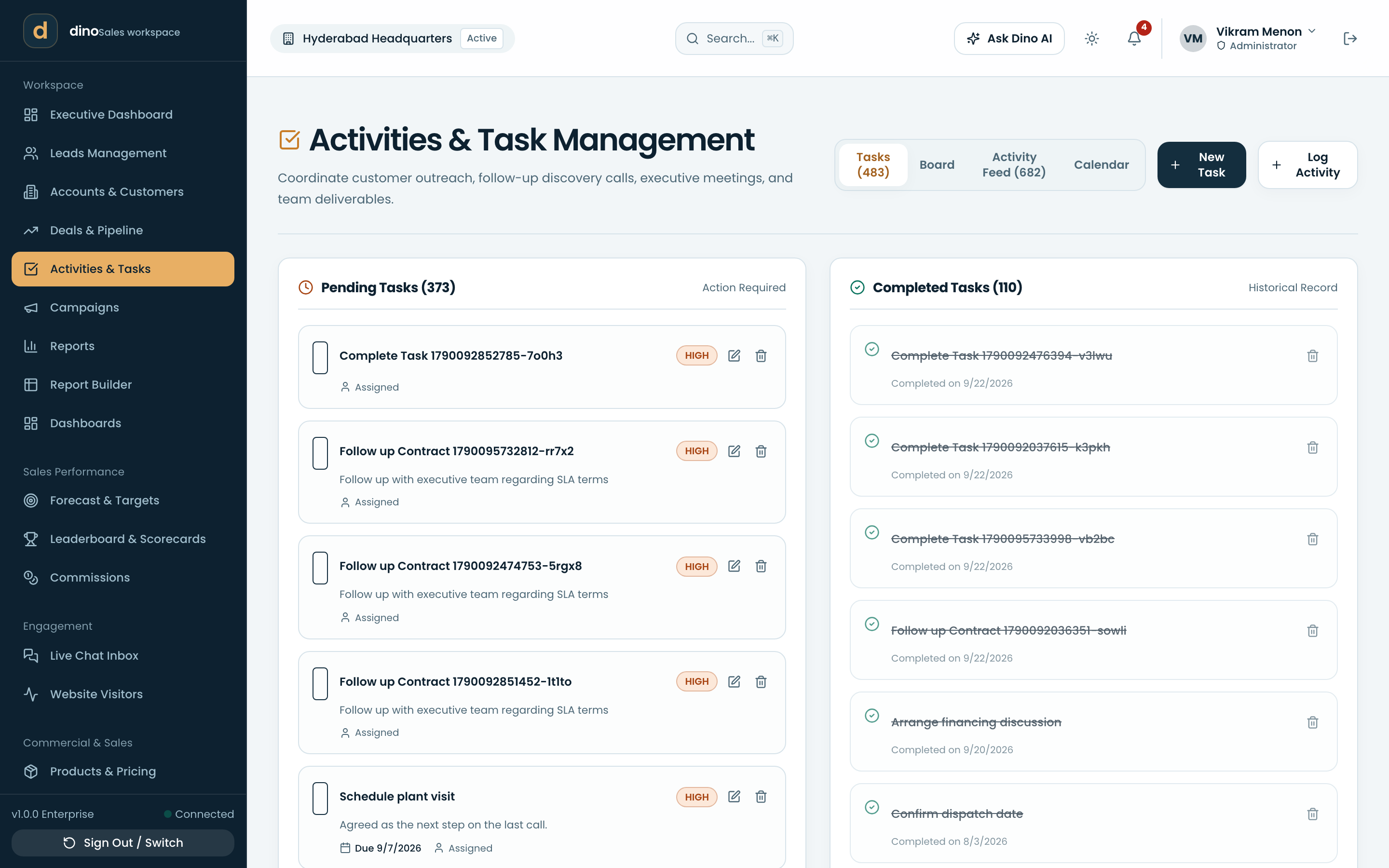 Activities & tasks — calls, meetings and follow-ups across the team