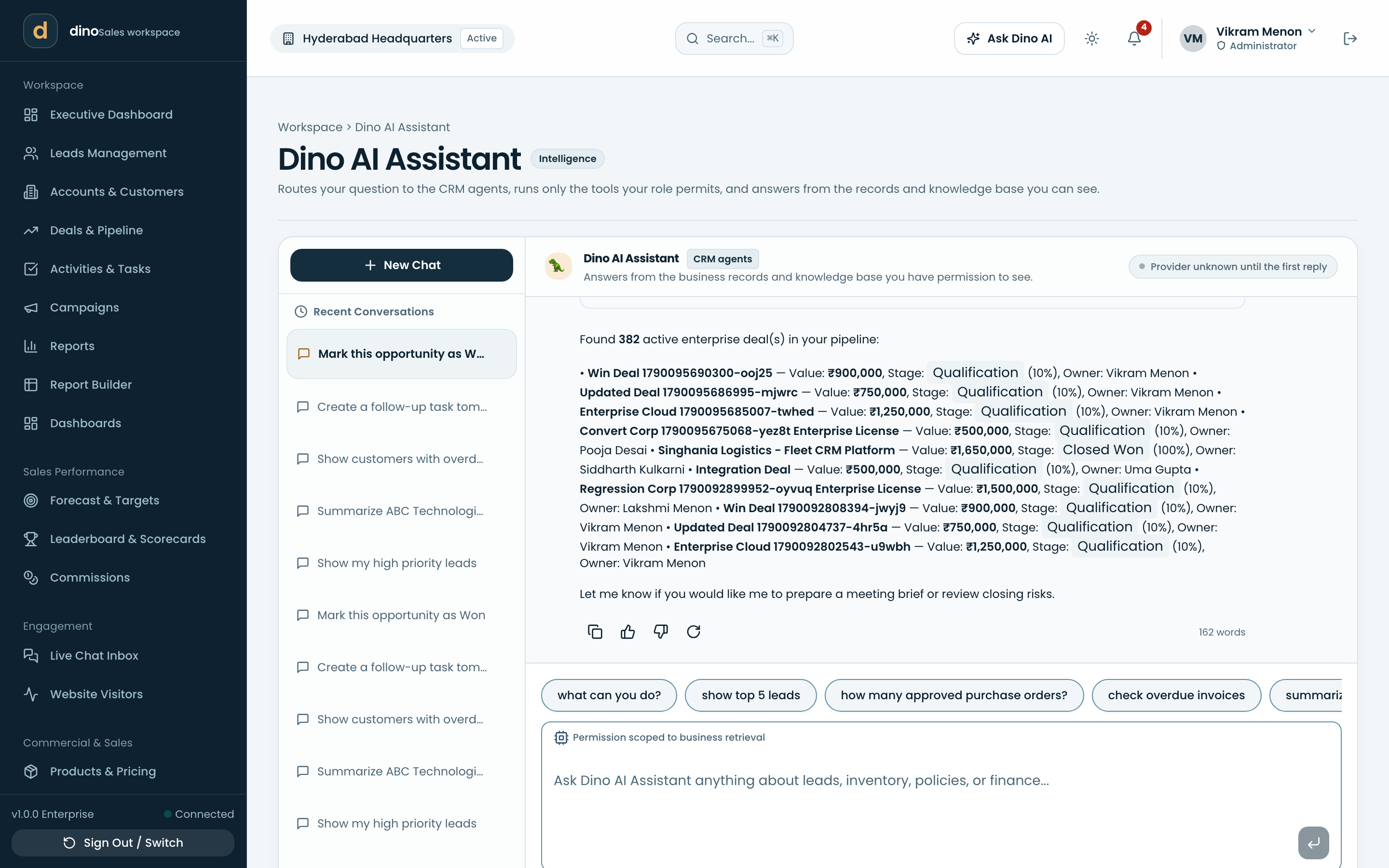Dino AI — assistant chat with the workspace as its context